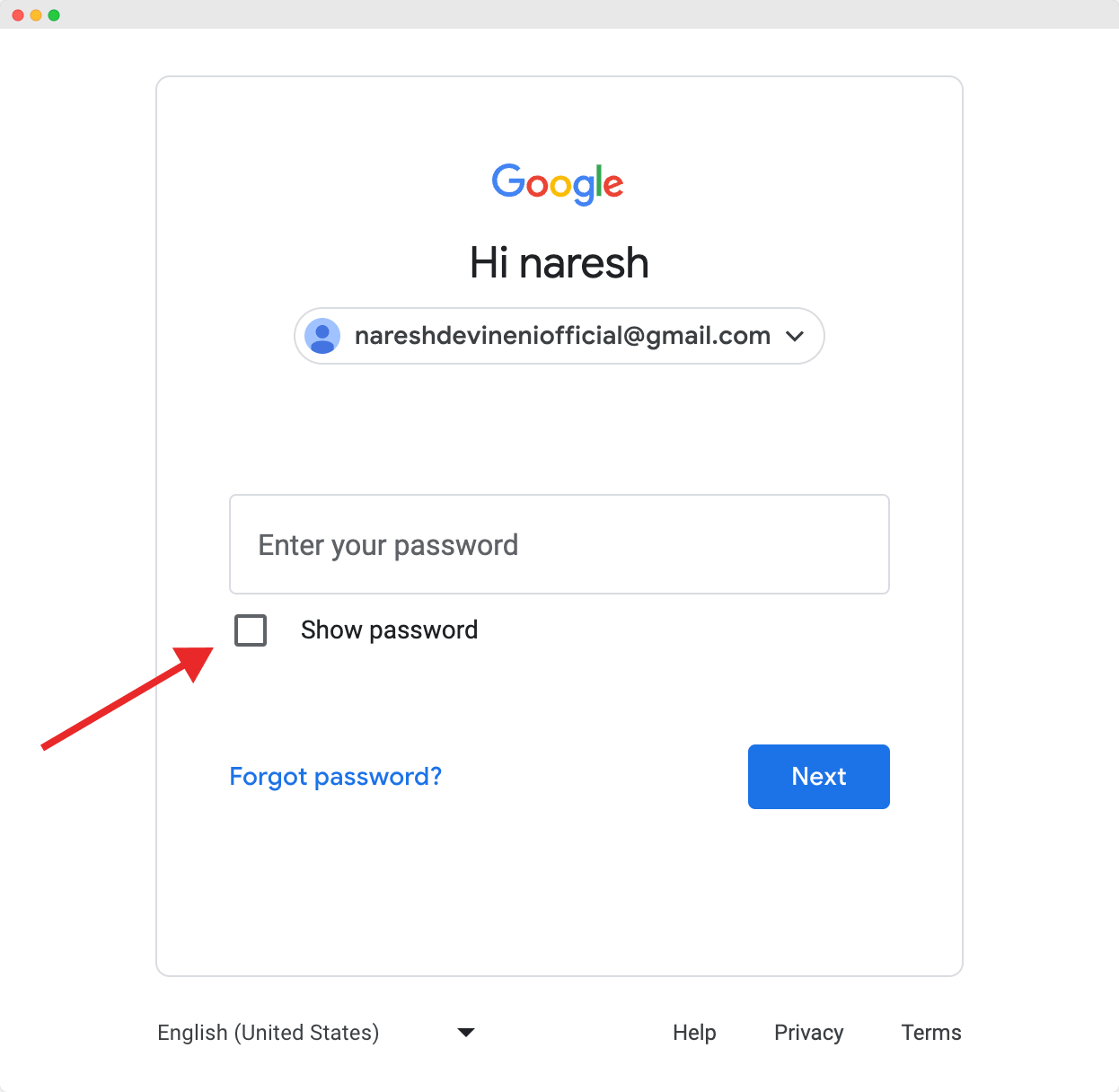 Google Login form with a checkbox to reveal the 